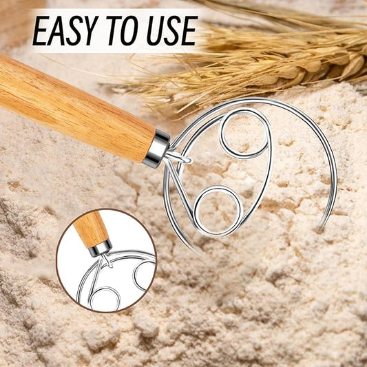 Danish Dough Whisk Stainless Steel with Dough Hook & Wooden Handle for Sourdough Bread Baking and Dough Mixing