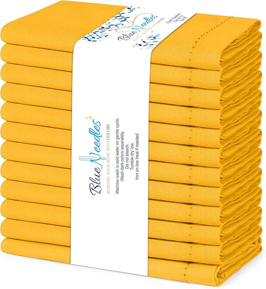 Blue Needles Set of 12 Hemstitch Linen Napkins 100% Cotton Golden Yellow Cloth Dinner Napkins 18x18 inches, Soft Reusable Absorbent Washable, Ideal for Wedding Events, Parties & Everyday Use