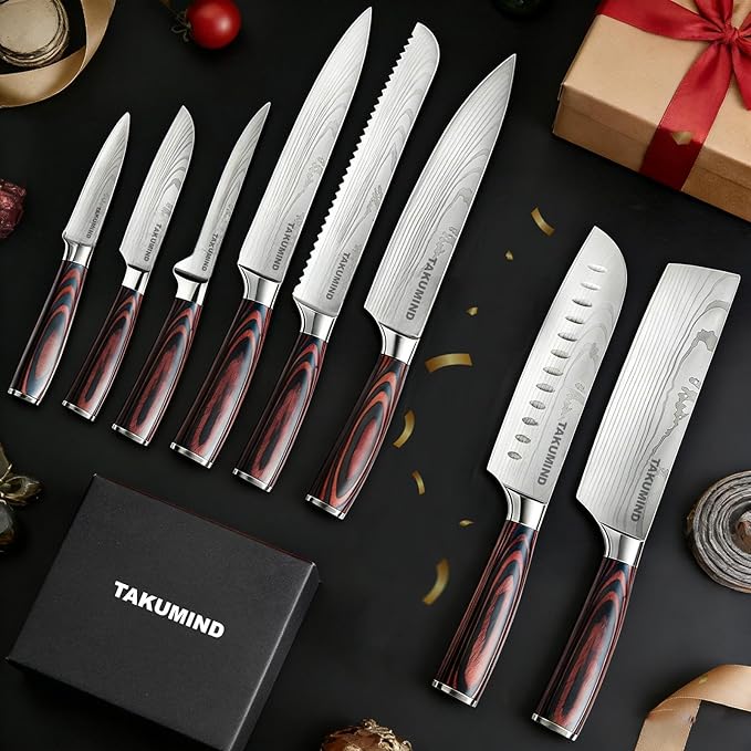 Premium Japanese Knife Set,Sharp Knives Set for Kitchen,Nop-slip Wooden Ergonomic Handle,High Carbon Stainless Steel Forged Luxury Gift(8PCS,Silver)