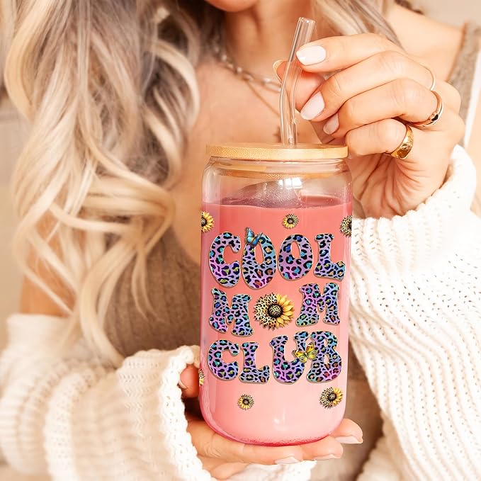Mothers Day Gifts for Mom 16 Oz Cool Mum Club Glass Coffee Cup with Lid and Straw Funny Mama Drinking Tumbler Unique Birthday Present Ideas for Mother Her Wife from Daughter Son Husband