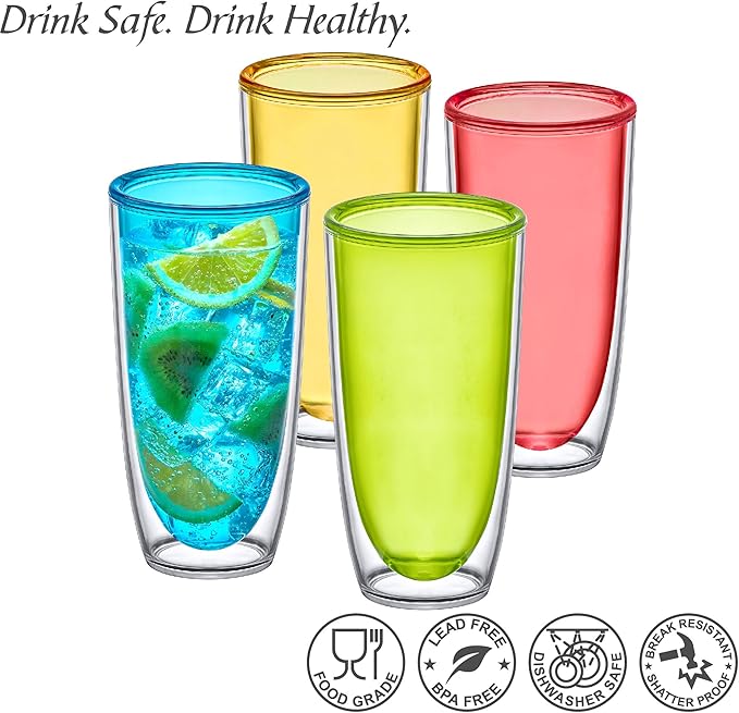Amazing Abby - Andes - 20-Ounce Insulated Plastic Tumblers (Set of 4), Double-Wall Plastic Drinking Glasses, Mixed-Color Reusable Cups, BPA-Free, Shatter-Proof, Dishwasher-Safe