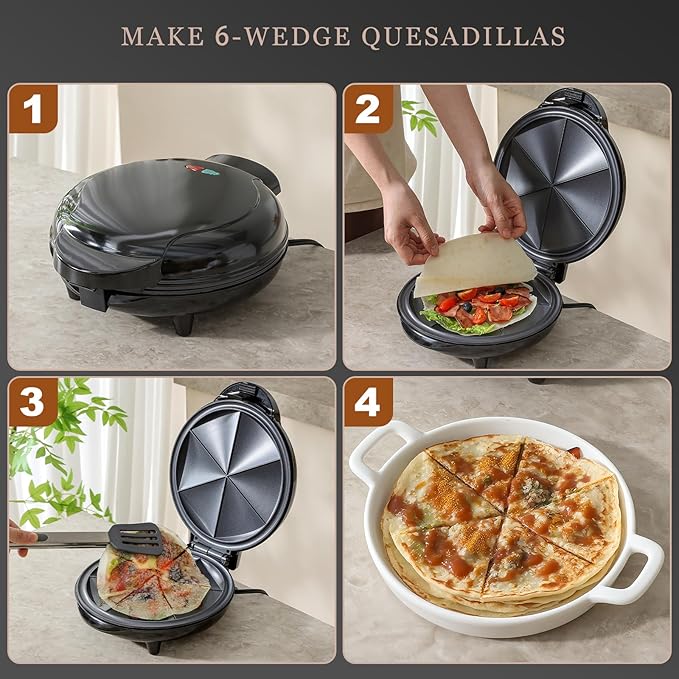 Electric Quesadilla Maker Taco Tuesday, 9.5'' Quesadilla Press Non-Stick, Easy-Slice 6-Wedge Tortilla Cooker, Grilled Cheese Corn Flour Tortilla Snacks, Black