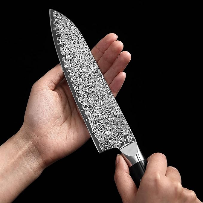 zayiko Black Edition Damascus Santoku Knife – 7.1-Inch Blade | 67-Layer VG10 Core Steel | Ergonomic Pakkawood Handle | Premium Kitchen Knife for Meat, Fish & Vegetables | Gift Box