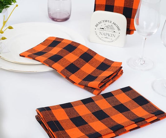 Blue Needles Gingham Buffalo Plaid Cloth Napkins 100% Cotton Set of 12 Dinner Table Napkins 18x18 inch Soft, Reusable, Washable Perfect for Wedding Parties & Everyday Use - Orange and Black