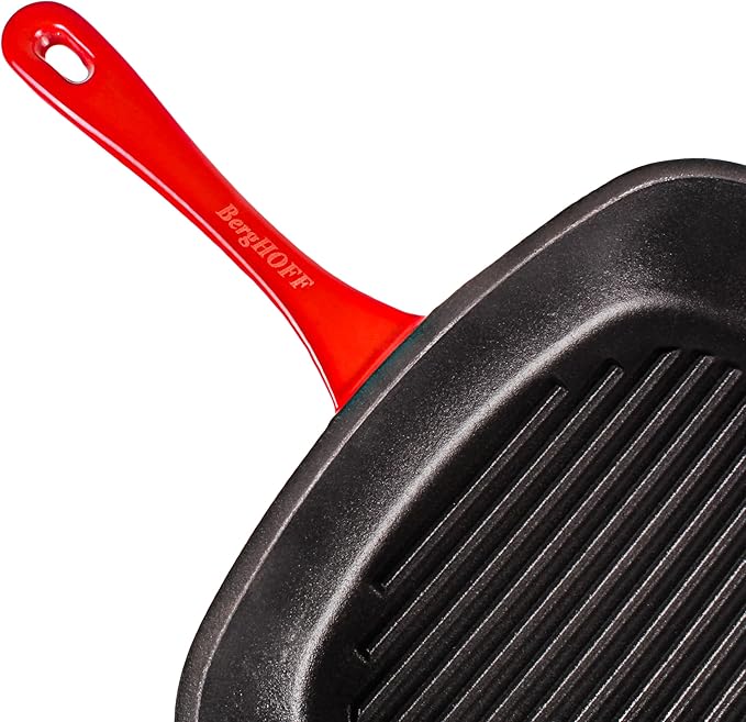 Berghoff Neo 2Pc Enameled Cast Iron Grill Set, Grill Pan 11 inches, Bacon/Steak Press 8 inches, Fast, Evenly Heat, Oven safe (Red)