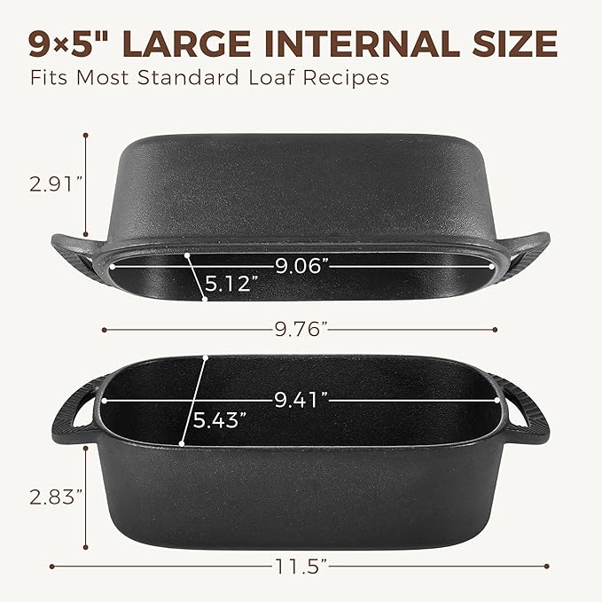 HONGBAKE Everline Collection 2 in 1 Cast Iron Loaf Pan with Lid, 9x5 Bread Pans for Homemade Bread, Pre-Seasoned Nonstick Sourdough Baking Pan, Even Heating Loaf Dutch Oven, Banana Bread Tins