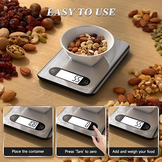 Qzzhizao Digital Kitchen Scale, 17 Pounds Capacity Food Scale with LCD Display, Weight Grams and Ounces for Cooking and Baking, Stainless Steel Platform, Anti-Splash