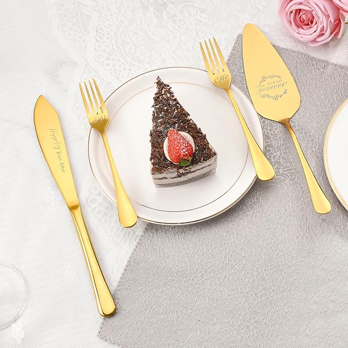 Galaxozent Wedding gifts for Couples, Gold Wedding Cake Knife and Server Set with Forks, Cake Cutting Set, Bridal Shower Anniversary Engagement Present For Mr and Mrs Set of 4