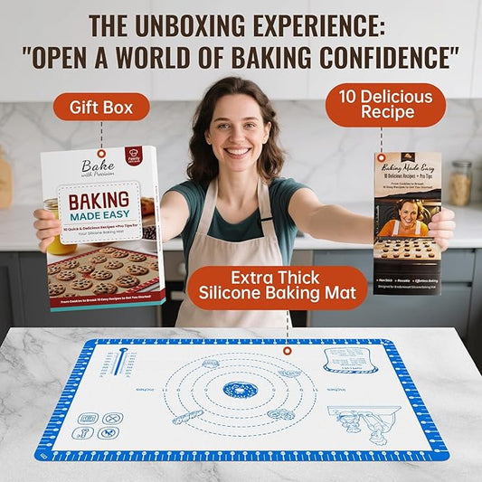 Silicone Baking Mat With 10 Recipes,Silicone Macaron Baking Sheet for Cookie, Pizza, Surdough, Pastry,Dough Rolling out, Non Stik and 480°F Oven Safe