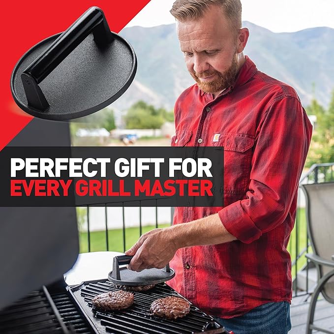 Smash Burger Press Kit - 7'' Flat Bottom Round Premium Cast Iron Press with 35 Pcs Patty Paper,12 Inch Heavy Duty Round Basting Cover Melting Dome. Perfect for Hamburger, Bacon, Meat, Sandwich