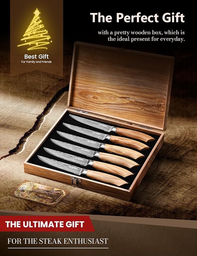 Emojoy Steak Knives Set of 6, 4.5 Inches Serrated Steak Knife Set, German Stainless Steel Kitchen Steak Knives with Original Olive Wood Handle and Wooden Gift Box