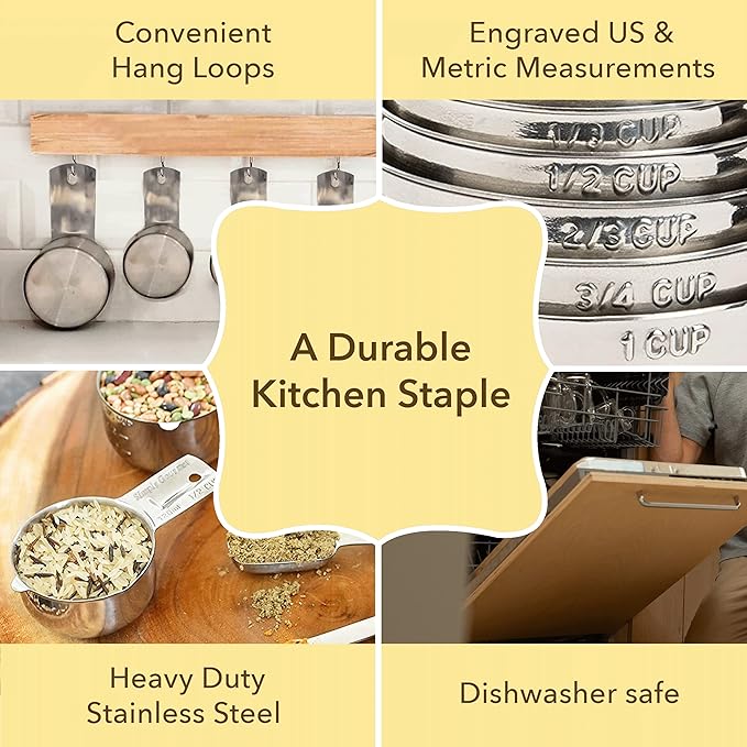 Simply Gourmet Measuring Cups and Spoons Set of 12 – 18/10 Stainless Steel Kitchen Gadgets – Stackable Design with Long Handle Spoons – Fits in Jars – Cooking & Baking Measuring Set for Dry & Liquid