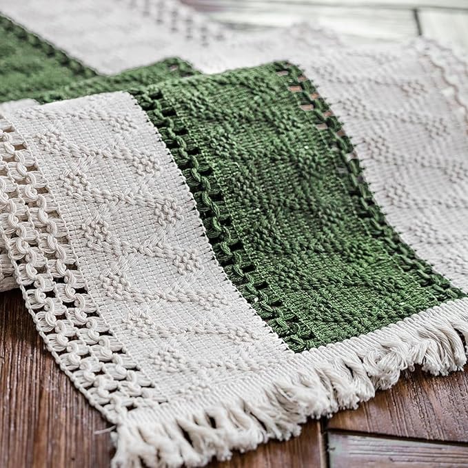 Alynsehom Macrame Table Runner Cream Beige and Green Boho Table Runners with Tassels Hand Woven Cotton Table Runner Rustic Farmhouse Table Runners for Bohemian Kitchen Dining Table(12x95in)