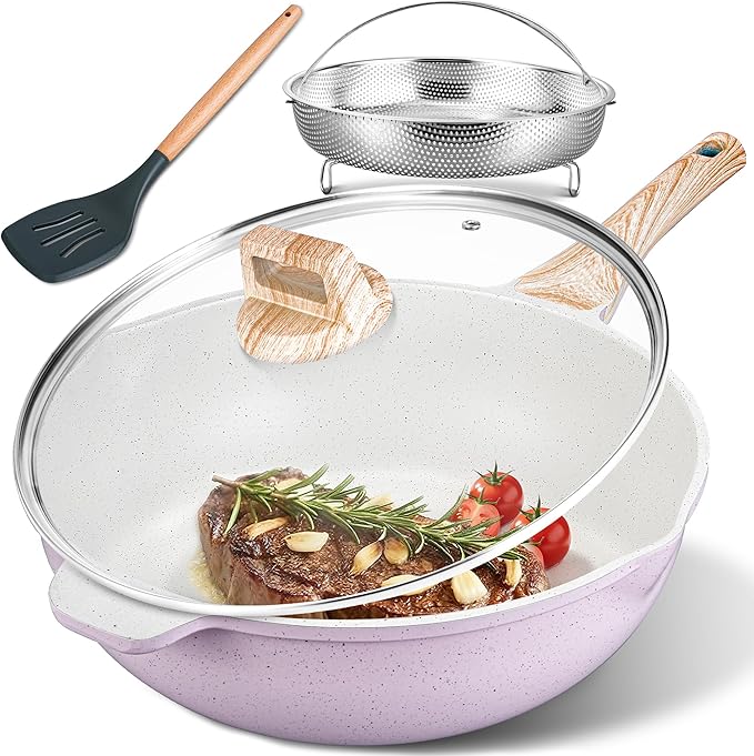 AOSION 11 Inch Nonstick Ceramic Deep Frying Pan Skille with Lid,5QT Sauté Pan for Cooking with Steam Rack,Healthy Large Skillet,Stay Cool Handle, Induction Compatible, PFOA & PFAS Free. (12IN-PURPLE)