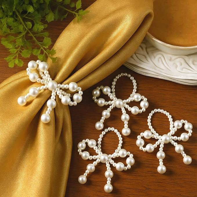 12 Pcs Pearl Bow Napkin Rings Imitation Bow Pearl Ring Napkin Holder Delicate Beaded Serviette Buckles for Christmas Wedding Party Dinner Table Decor and Daily Use