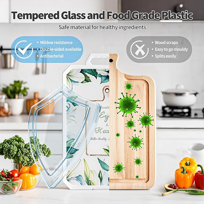 Ourokhome Cutting Board for Kitchen, Tempered Glass Cutting Board Double Sided Food Grade for Chopping Meat, Vegetables, Fruits, Cheese, Knife Friendly with Handles and Knife Sharpener, White
