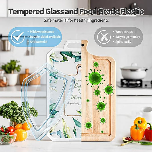 Ourokhome Cutting Board for Kitchen, Tempered Glass Cutting Board Double Sided Food Grade for Chopping Meat, Vegetables, Fruits, Cheese, Knife Friendly with Handles and Knife Sharpener, White