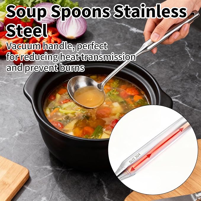 TBWHL Metal Soup Ladle 13.4" 304 Stainless Steel with Long Handle - Professional Kitchen Ladle with Ergonomic Handle & Perfect Balance for Gravy, Sauce & Broth