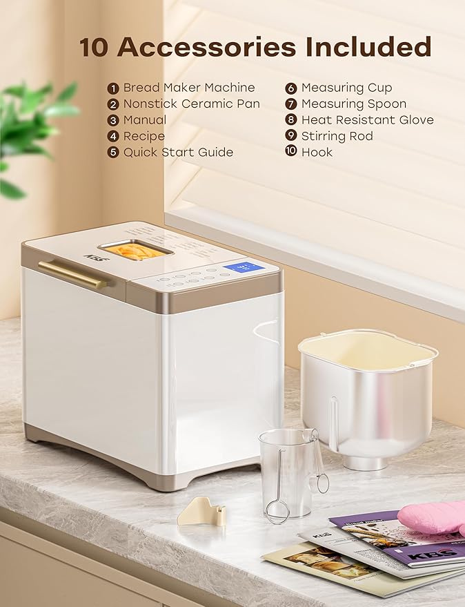 KBS 20-IN-1 Bread Maker with Custom Program, 650W Bread Machine with Nonstick Ceramic Pan & Paddle, 2LB Stainless Steel Bread Maker Machine, Polish Bread, Gluten-Free, Touch Panel, 15H Timer, 3 Colors