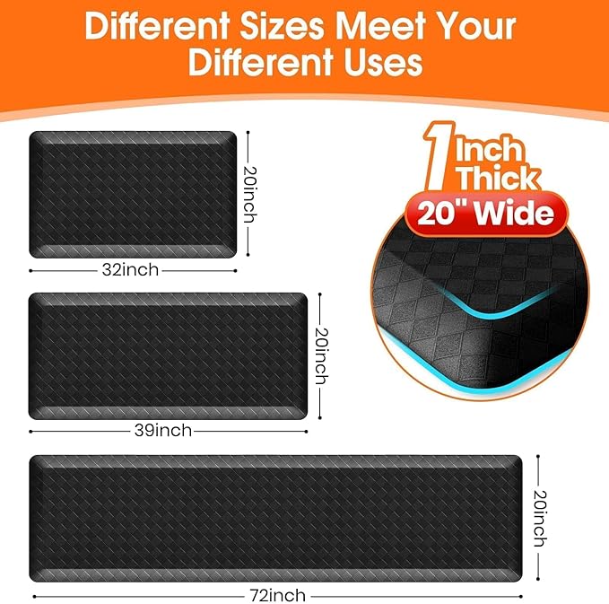 StepRite 1” Thick Kitchen Mats for Floor, Anti Fatigue Kitchen Rugs, Non-Slip,Heavy Duty Waterproof Kitchen Rug, Standing Desk Mat, Gifts for Friends, Family, Home, Kitchen, Office (72" x 20", Black)