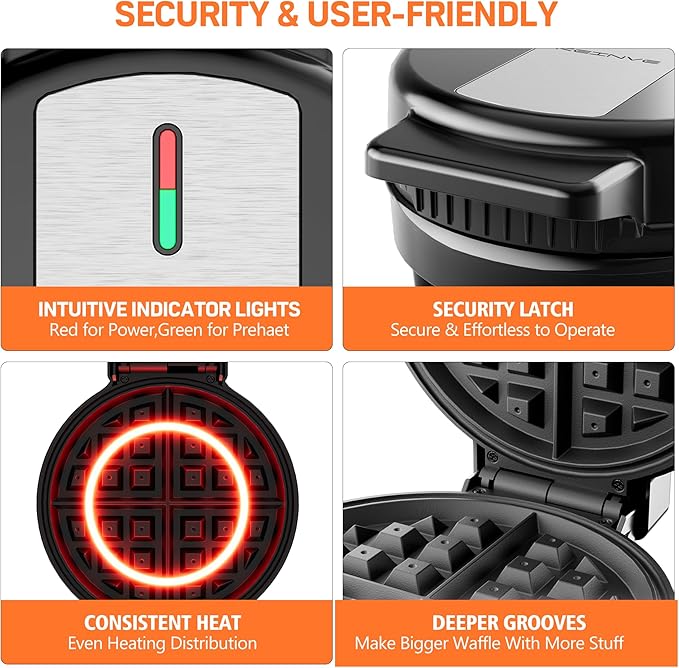 Waffle Maker, 8'' Round Classic Waffle Maker Machine, 1000W Fast Heating, Non-Stick Waffle Irons, Easy to Clean, Indicator Lights, Perfect for Breakfast