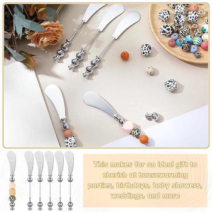 Lasnten 6 Pcs Cheese Spreader Knives DIY Decorative Beaded Butter Spreader Knives Stainless Steel Cheese Spreader for Charcuterie Board Wedding Party Accessories