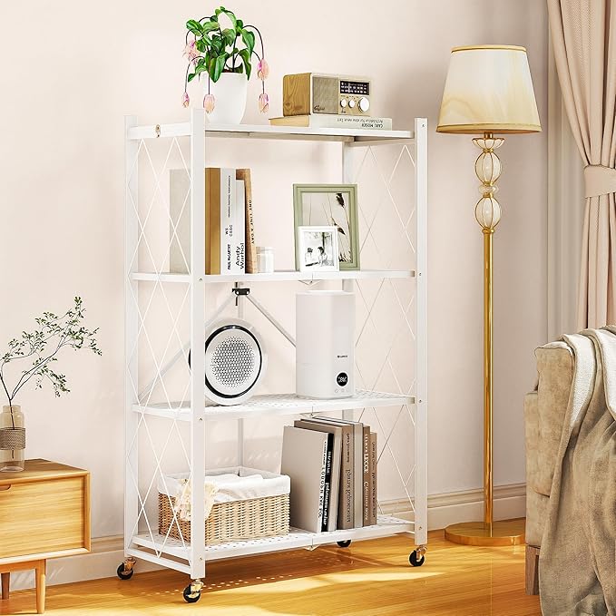 4-Tier Folding Metal Storage Rack - 50" Heavy-Duty Steel Frame with Wheels, No Assembly Utility Organizer, Rolling Shelving Unit for Kitchen, Garage, Pantry, Bedroom (White, 4 Tier)