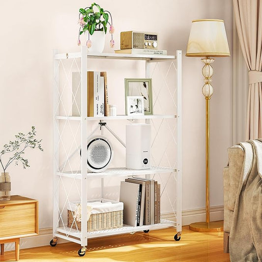 4-Tier Folding Metal Storage Rack - 50" Heavy-Duty Steel Frame with Wheels, No Assembly Utility Organizer, Rolling Shelving Unit for Kitchen, Garage, Pantry, Bedroom (White, 4 Tier)