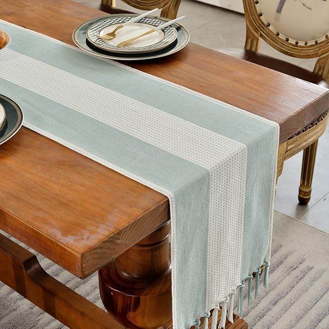 Wracra Linen Table Runner, Farmhouse Macrame Table Runners 90 Inches Long for Dining Table Decor, Wedding, Party and Dresser Decor (Aqua Blue,90")