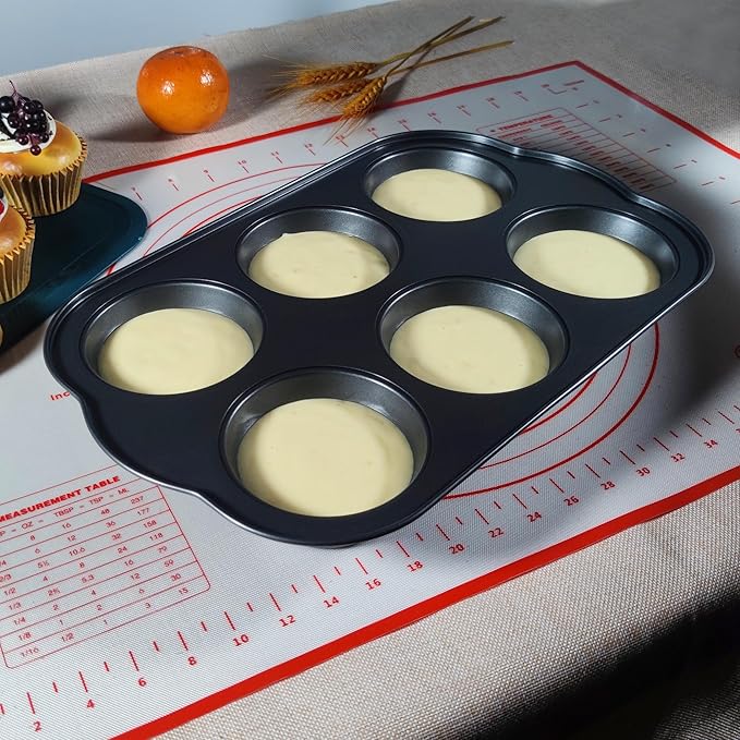 Bakexcel Non-Stick Jumbo Muffin Pans, 3.5" 6-Cup Set of 2 Baking Pans, Heavy Duty Carbon Steel Tins for Extra-large Muffins & Cupcakes