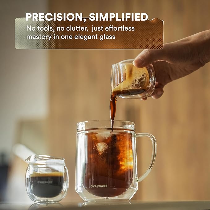 ovalware Espresso Pouring Glass Set of 2 | Double-Wall 2.7oz/80ml Shot Measuring Cup | Heat Protective Comfort | Oval Measurement Dots for Ristretto and Espresso | Drip-Free Precision Spout