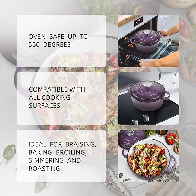 4.5 Quart Dutch Oven Enameled Cast Iron with Lid - Big Dual Handles - Oven Safe up to 500°F - Classic Round Pot for Versatile Cooking Purple