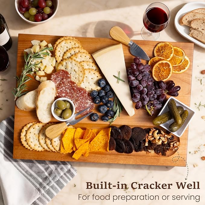 Empune Cherry Wood Cutting Boards for Kitchen Wooden Cutting Board with Handle, Chopping Board with Built-in Juice Groove & Well, Heavy-duty Charcuterie Board Butcher Block, 16.5x11.8x1.4 Inches