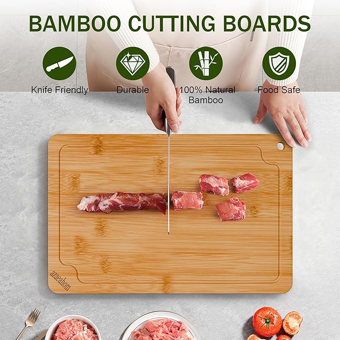 Bamboo Cutting Boards for Kitchen, Large Wood Cutting Board with Juice Grooves & Built-in Handles, Easy Storage & Clean Chopping Board for Meat, Vegetables, Fruit