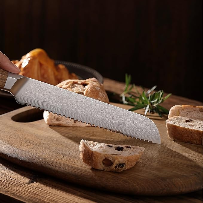 Wakoli Oribu Bread Knife – Full Tang Damascus Knife | 8-Inch Serrated Blade Made of 67-Layer Damascus Steel with AUS-10 Core | Ergonomic Olive Wood Handle | Professional Quality & Sharpness