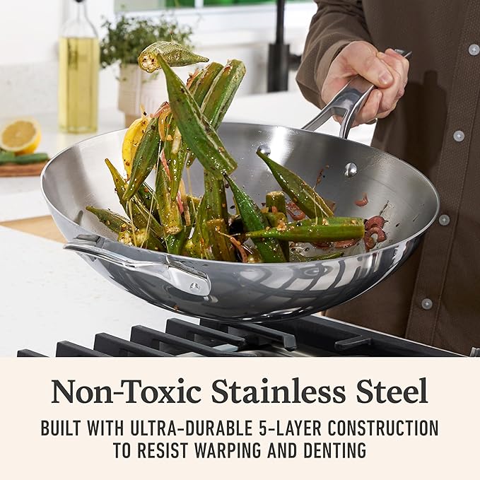 Calphalon Premier Polished 5-Ply Stainless Steel Cookware w/Turbo Heat Tech 13" Wok, Induction, Oven Safe 500F, Silver