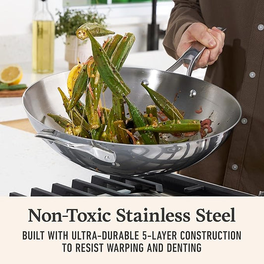 Calphalon Premier Polished 5-Ply Stainless Steel Cookware w/Turbo Heat Tech 13" Wok, Induction, Oven Safe 500F, Silver
