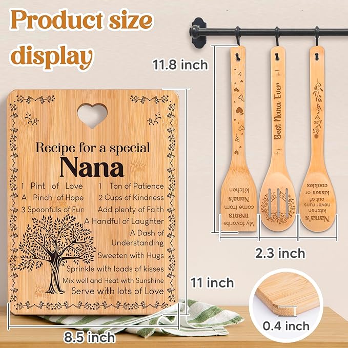 Gifts for Nana - "Recipe for a Special Nana" Nana Birthday Gifts Cutting Board Set, Bamboo-Made Engraved Utensil Set Nana Birthday Gifts, Grammy/Nanny/Granny/Gran Presents
