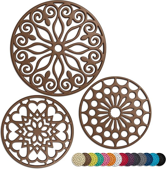 3 Set Silicone Trivet Mats with 1 Extra Large Included | Intricately Carved Insulated Flexible Durable Non Slip Thick Round Premium Trivets for Hot pots and Pans | Brown Sugar