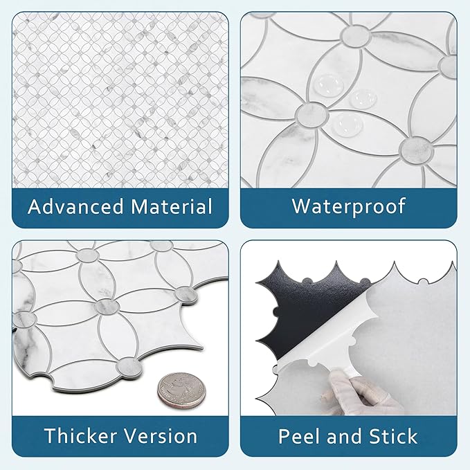 SUNWINGS 10-Sheet Coin Peel and Stick Waterjet Backsplash Self Adhesive Tiles White Marble Wall Panels Stick on Backsplash for Kitchen, Bathroom, Fireplace