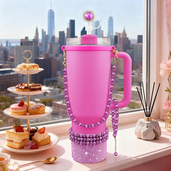 9PCS Fuchsia of Stanley Cup Accessories Set 30/40 OZ Bling Pearl Rhinestones Charms for Stanley Decorations Tumbler Accessories Including Flower Straw Topper, Rhinestones Boot 30/40 OZ