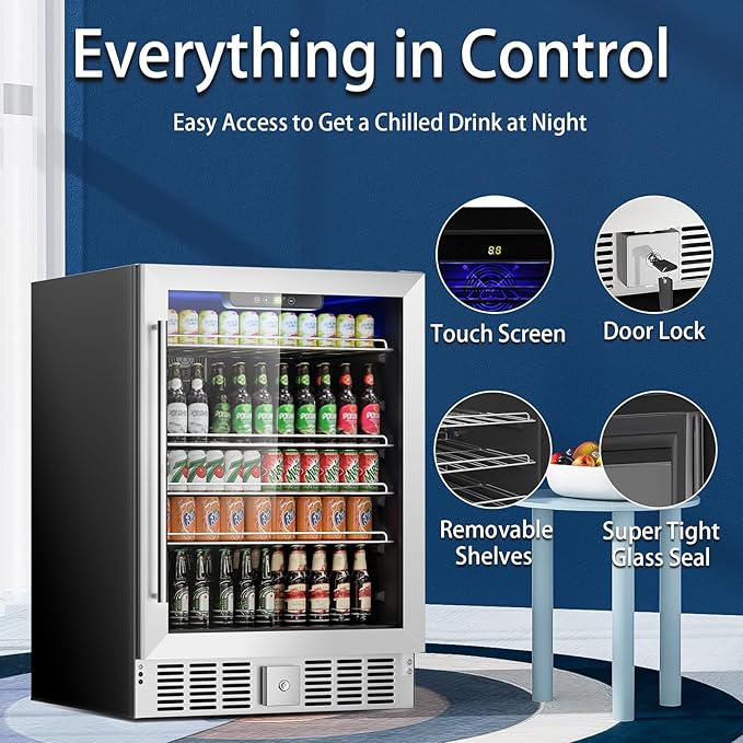 24 Inch Wine and Beverage Refrigerator, 182 Cans Built-in Cooler with Glass Door, Digital Temperature Control, LED Lighting, Adjustable Shelves, Freestanding Beer Fridge for Home, Bar, Office