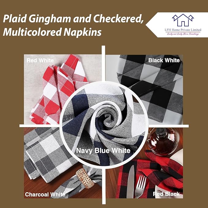 LFH Home 100% Cotton Cloth Reusable Dinner Napkins Set of 12 Washable Soft Decorative Buffalo Plaid Gingham and Checkered Table Napkins for Holidays Wedding Farmhouse Decor 18x18 Inch-Navy Blue&White