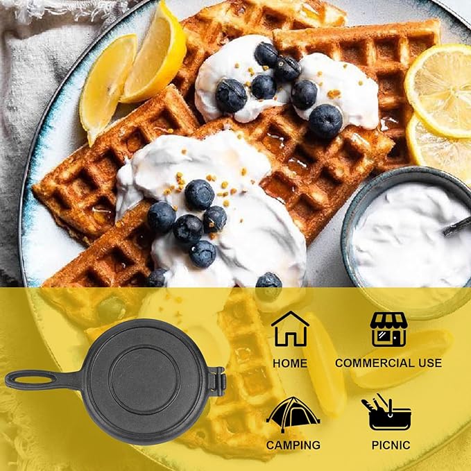 Cast Iron Waffle Maker - 8 inch Round Stovetop Waffle Iron, Two Piece Hinged Non-Electric, Quick Heating, Easy Clean