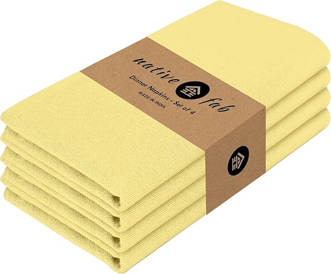 Native Fab Solid Light Yellow Cloth Napkins Set of 4, 100% Cotton Washable Fabric, 17x17 inches, Reusable Table Linen Napkins for Dinner, Party, Wedding, Pale Yellow