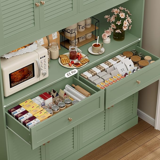 HIFIT 71" Hx55''W Large Kitchen Hutch Storage Cabinet, Farmhouse Coffee Bar Hutch with Microwave Stand, Tall Kitchen Pantry Cabinet with Louvered Doors, 2 Cable Holes, 2 Drawers, Green