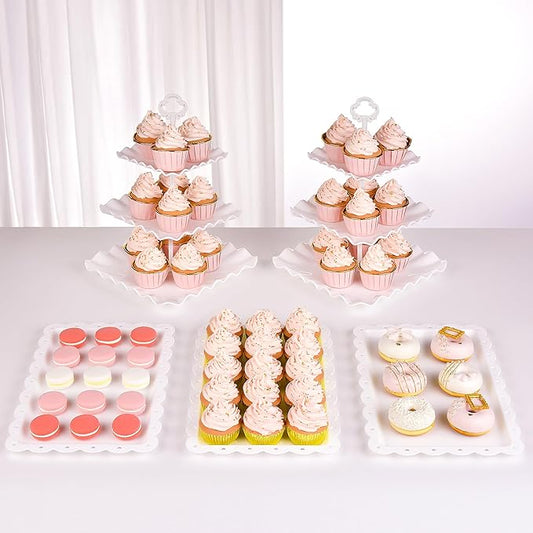 NWK 5 Piece Cake Stand Set with 2 x Large 3-Tier Cupcake Stands, 3 x Appetizer Trays, for Wedding Birthday Baby Shower Tea Party Decorations (White)