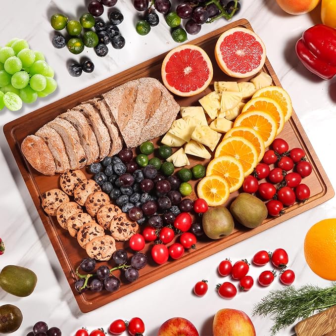 Wood Cutting Board, Large Cutting Boards for Kitchen, Thick Chopping Board with Deep Juice Groove and Handles, Wooden Charcuterie Board for Meat, Turkey, fruit and cheese. (17x12x1 inch)