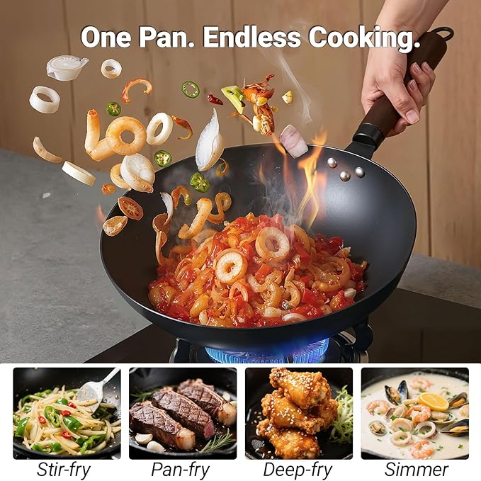 Abangdun Carbon Steel Wok Pan, Nitrided Pre-Seasoned Round Bottom Woks & Stir-Fry Pans Nonstick, Chinese Wok with Glass Lid & Steel Rack for Gas for All Concave Stovetops, Gift for Chef - 13.4"