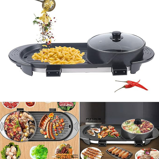 PanDair 2 In 1 Portable Electric Hot Pot Barbecue Grill Non-Stick Teppanyaki Pan Soup w/5-speed Automatic Regulator 110V Korean BBQ Grill